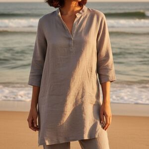Visible Art 100% Linen Tunic Top Gray Kaftan Cut 3/4 Sleeves Beach Minimalist